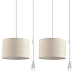 IHENGYANLT 2 Pack Plug in Pendant Light, Hanging Light with 15Ft Clear Cord, On/Off Switch, Beige Linen Fabric Lamp Shade, Hanging Light Fixture for Bedroom, Kitchen, Living Room, Dining Table