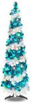 Pop Up Christmas Tree, 5FT Collapsible Artificial Blue Christmas Tree with 90 LED Lights, Tinsel Small Pencil Christmas Tree for Home Holiday Fireplace Party Indoor Outdoor Xmas Decorations