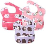 Little Dimsum 3 pack Baby Bibs Waterproof Bib Easy to Clean Feeding Bibs Weaning Bibs Adjustable Closed for Babies Toddlers with Large Pocket 6-36Months(Hedgehog & Rabbit & Cat)