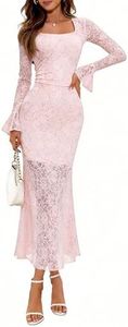 GERT COREL Elegant Women's 2025 Bell Long Sleeve Lace Maxi Dress Sexy Square Neck Fall Bodycon Mesh Wedding Guest Cocktail (US, Alpha, Small, Regular, Tall, Pink)