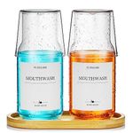 Tumbler Carafe Mouthwash Dispenser for Bathroom,2 Pack Glass Mouthwash Containers with Bamboo Tray,Refillable Clear Mouthwash Bottle