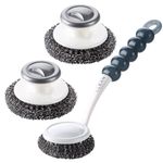Stainless Steel Scrubber with Handle, Dish Scrubber Brush Steel Wool Scrubber for Cleaning Dishes Heavy Duty Cleaning Supplies for Pots Pans Grills Ovens Sink and Other Tough Jo Pack of 3