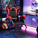 bigzzia RGB Gaming Chair with LED Lights and Ergonomic Computer Chair Reclining PU Leather High Back Video Game Chair with Headrest Adjustable Lumbar Support Linkage Armrest for Adults (Black/Red)