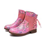 CrazycatZ Womens Ankle Bootie Leather Floral Splicing Pattern Fur Lined Boots (Pink, Adult, Women, 6, Numeric, UK Footwear Size System, Medium)