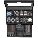 12 Slot Watch Box for Men - Watch Case Display Jewelry Organizer with Drawer,2 layer Jewelry and Watch Storage Case with Glass Lid,Lockable Watch Box Organizer for Men Women