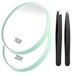 Small Makeup Mirror, Funtopia Compact Travel Mirror and Tweezers Kit, 10X & 20X Magnifying Mirrors with 2 Suction Cups, 3.5inch Round Mirror Portable Magnifier Travel Set (Green)