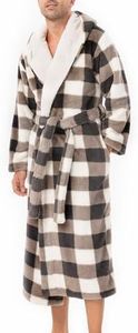 DAVID ARCHY Men's Soft Plush Fleece Robe Full Length Hooded Long Bathrobe for Men with Hood (XL, Coffee Grid- Shu Velveteen)