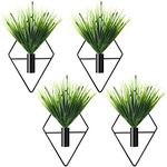 4 Pcs Plant Wall Decor Diamond Shape Hanging Planters with Artificial Plants Geometric Wall Decor Metal Hanging Vase Indoor Plants Holder for Living Room Bathroom Home (Black, Aquatic Grass)