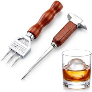 Stainless Steel Ice Pick & Ice Fork Set - Ice Picks for Breaking Ice 2-Pcs Kit - Ice Pick Tool with Weighted Wood Handle, 3-Prong Fork for Whiskey Ice Balls, Large Cubes, Cocktails, Home Bar & Kitchen