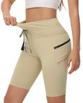 MIVEI Women's Hiking Biker Shorts 9 Inch Cargo High Waisted Bike Running Athletic Workout Gym Travel Shorts with Zip Pockets, Khaki, Medium