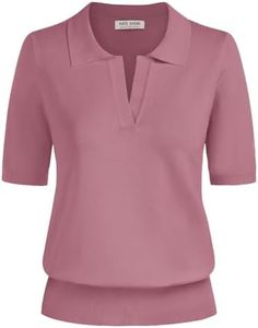 Kate Kasin Short Sleeve Sweaters for Women, V Neck Knit Tops, Business Casual Polo Shirts Dusty Pink XXL
