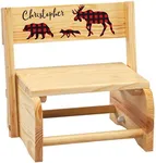 Custom Children's 2-in-1 Step Stool and Chair, Natural Wood, Buffalo Plaid Design with Custom Name