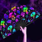 OMyTea UV Glow Rave Fan Foldable for Women/Men/Drag Queen - Large Clack Festival Folding Hand Fan - for EDM, Music Festival, Event, Party, Dance, Performance (Purple Mushroom)