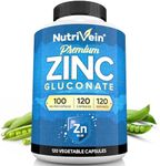 Nutrivein Premium Zinc Gluconate 100mg - 120 Capsules - Immunity Defense Boosts Immune System & Powerful Antioxidant - Promotes Healthy Skin and Acne Defense - Essential Elements for Absorption