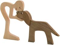 Enkrio Wooden Dog Figurines Hand Carved Wood Dog Human Sculpture Statue Handmade Accents Crafts Wooden Adorn Standing Tabletop Decoration Ornament for Home Decor