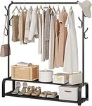 ACCSTORE Freestanding Metal Hanging Clothes Rack with Double Layer Storage Shelf and Side Hooks, Black