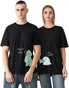 Lovely Dinosaur Matching Couple T-Shirt for Husband Wife,Pure Cotton Matching T-Shirt for Lover(Priced for 1 T-Shirt), Blue-black, Small