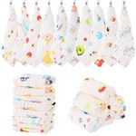 Radsocken 10 Pack Muslin Cloths for Baby,25x25CM Muslin Squares Soft Burp Cloths Cotton Baby Wash Cloths, 6 Layers Cotton Baby Towels with Printed Design for Newborn