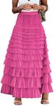 Flygo Women's Long Maxi Tulle Skirts A Line Ruffle High Waisted Tiered Layered Mesh Tutu Skirt Petticoat(Rose-S)