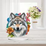 Meecaa DIY Diamond Desktop Ornament Kit Wolf Flower Animal Special Shaped Crystal Diamond Painting Tabletop Ornaments Single Sided Diamond Home Decor (Wolf)