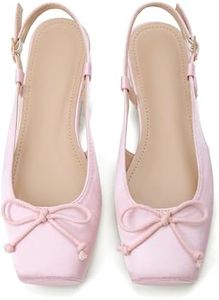 Lhamo Latso Pink Ballet Flats 1 Inch Low Block Heel Comfortable Ballerina Flat Bow Dressy Flats Shoes for Women Slingback Flat Satin 8.5