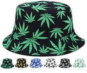 INOGIH Reversible Bucket-Hat Marijuana-Cannabis Weed Foldble Fisherman Hat Packable, Black&green Leaf, Medium