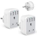 2 Pcak European to UK Plug Adaptor with 4 USB Ports(1 USB C), UK to EU Euro European Plug Adapter Grounded for Germany Spain France Iceland Greece Poland Netherlands Austria Turkey, etc (Type E/F)