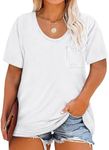 Womens Plus Size Tunic T Shirts Short Sleeve Round Neck Soft Loose Shirts Summer Casual Tops with Pocket, White, XX-Large Plus