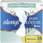 Always, Pure Cotton With Flexfoam Pads For Women, Size 1, Regular Absorbency With Wings, 28 Count