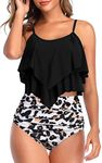 Genfien Swimsuit for Women Two Piece Bathing Suits Ruffled Flounce Top with High Waisted Bottom Bikini Set Leopard