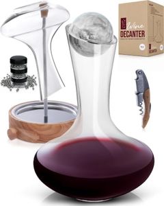 Gusto Nostro Crystal Wine Decanter Set with Drying Stand, Corkscrew, Marble Stopper, Cleaning Beads - 750ml Hand Blown Glass Wine Carafe Decanter with Stopper - Luxury Gift Set for Decanting Red Wines