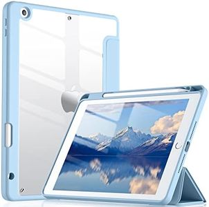 Vobafe Transparente Funda para iPad 9ª/8ª/7ª Generación 10,2 Pulgadas (2021/2020/2019) con Portalápiz, Cubierta de Parachoques a Prueba de Golpes con Clara Carcasa Trasera, Azul Claro