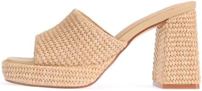 Monrovia Raffia Platform Heels for Women – Open Toe Slide On Wedge Sandals, Chunky Block High Heels, Summer Dressy Shoes Sandals, Natural Size 7