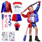 HK Kids Cos Quinn Costumes for Girls- Villain Halloween Fancy Dress Outfits Set Carnival Cosplay Costume Kit Include Jacket, T-Shirt, Shorts, Gloves, Wig, Tattoo, Baseball Bat for Theme Party Children