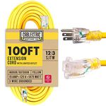 Cablectric 100 Ft Outdoor Extension Cord - 15 Amp 12/3 SJTW Heavy Duty 12 Gauge Yellow Lighted Electrical Cable with 3 Prong Grounded Plug