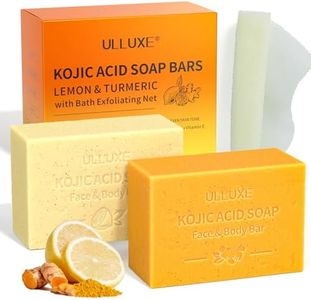 Kojic Acid Soap Bar with Lemon Turmeric, Turmeric Soap for Face and Body to Reduce Dark Spots, Exfoliate, Nourish, Cleansing, Natural Handmade Vitamin C Soaps with African Bath Sponge (2 Pack)
