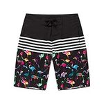 Men's Spandex Hawaiian Beach Board Shorts with Zipped Pocket in Flamingo Party in Black 30