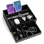 BELLE VOUS Black 7 Compartment Valet Dresser/Nightstand Organiser Tray with Drawer - Desk Storage Box For Wallet, Phone, Keys, Jewellery, Men's Accessories, Money, Cufflinks- Catchall Box for Bedside