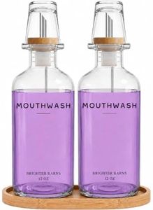 Glass Mouthwash Dispenser for Bathroom by Brighter Barns - Refillable Mouthwash Container with Glass Cup and Bamboo Tray - Mouth Wash Dispensers for Bathroom Sink, Home Decor, Office (Clear, 2 Pack)