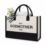 Personalized Initial Canvas Beach Bag, Monogrammed Gift Tote Bag for Women, Black & White, Medium, Best Godmother Ever