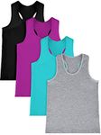 SATINIOR 4 Pieces Girls Dance Tank Tops Racerback Crop Tank Tops Sleeveless Top for Gymnastics and Dancewear (Black, Rosy, Greenish-Blue, Gray, 7-8 Years)