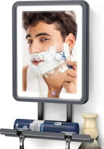 DeLanges LED Fogless Shower Mirror for Shaving - Heated Fog Free, 3 Dimmable Lights, 360° Adjustable, Rechargeable - with Storage Tray, Razor & Shaving Brush Holders