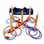 Ring Toss Game Wooden Quoits Throwing Tossing Game Set with Carry Bag（5 pcs Rope Rings + 10 pcs Plastic Rings)