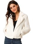 Allegra K Women's Autumn Winter Cropped Jacket Notch Lapel Faux Fur Fluffy Coat White M