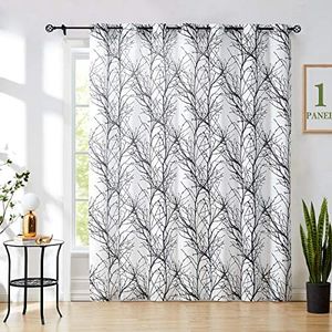 FMFUNCTEX Black-White Sheer Sliding Door Curtain for Living Room 1 Panel Modern Tree Branch Print Linen Textured Window Curtain for Office Single Panel 100w x 84" inches 7ft