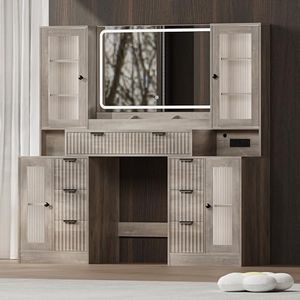 Fluted Makeup Vanity Desk with Mirror and Lights, 55" Glass Top Vanity with 8 Drawers & 4 RGB Glass Cabinets, Adjustable Shelves & Power Outlet, Modern Dressing Table Set for Women Girls Bedroom