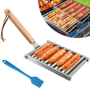 PEOUWNES Hot Dog Roller, Stainless Steel BBQ Hot Dog Griller For Evenly Cooked Hot Dogs with Detachable Wooden Handle for Outdoor Cooking and Barbecue for Beef Franks Wiener