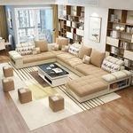 Caradel Tyler 9 Seater Sofa Set for Livingroom U Shape Sectional Fabric Sofa Set with 4 Puffy | Sofa Set for Living Room | L Shape Sofa Set | U Shape Sofa Set (Cream & Beige)