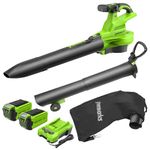 Greenworks 40V Cordless Leaf Blower Vac with Brushless Motor, 370km/h, 14.17m³/min, 45L Mulching Bag with Two Batteries & Charger, 3 Year Guarantee GD40BVII