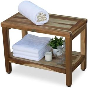 EcoDecors Eleganto 24 Inch Natural Color Waterproof Teak Wood Shower Bench Stool Seat Chair For Inside Shower Provides Safety, Storage, and Organization For Bathroom Accessories